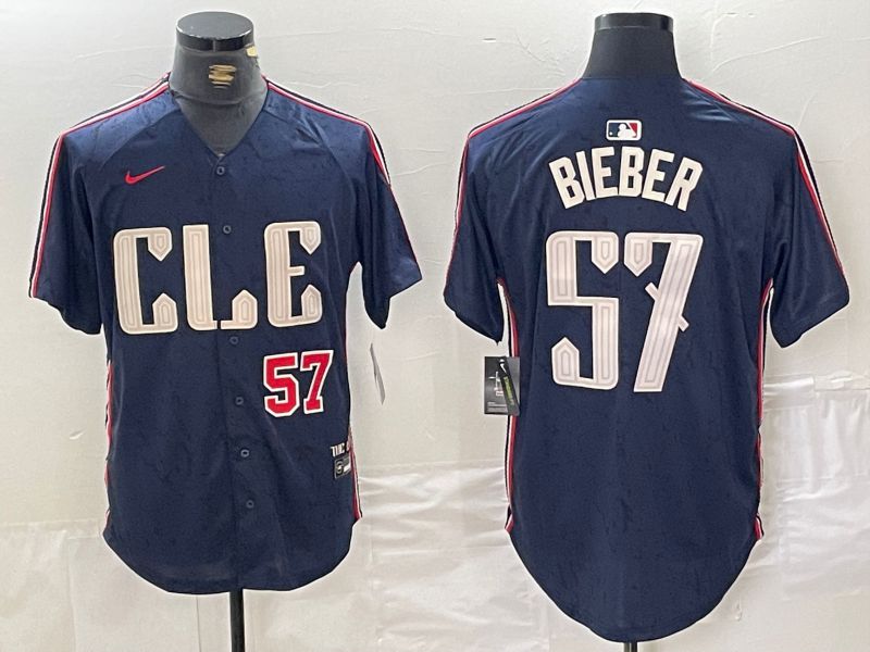 Men Cleveland Indians 57 Bieber Blue City Edition Nike 2024 MLB Jersey style 3